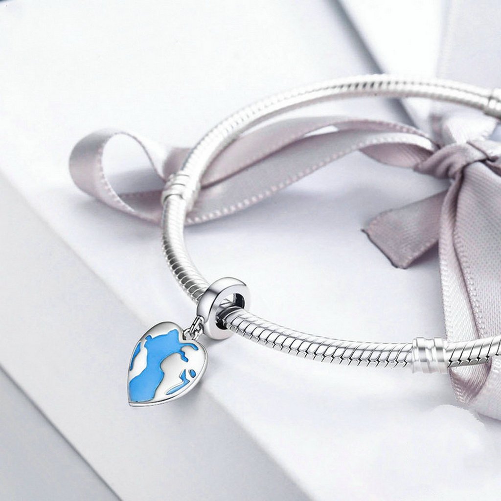 PAHALA 925 Sterling Silver Heart Dream Travel Map with Blue Enamel Charm Bead Fit Bracelet