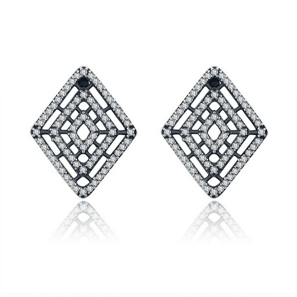 PAHALA 925 Sterling Silver Geometric Lines With Crystals Stud Earrings