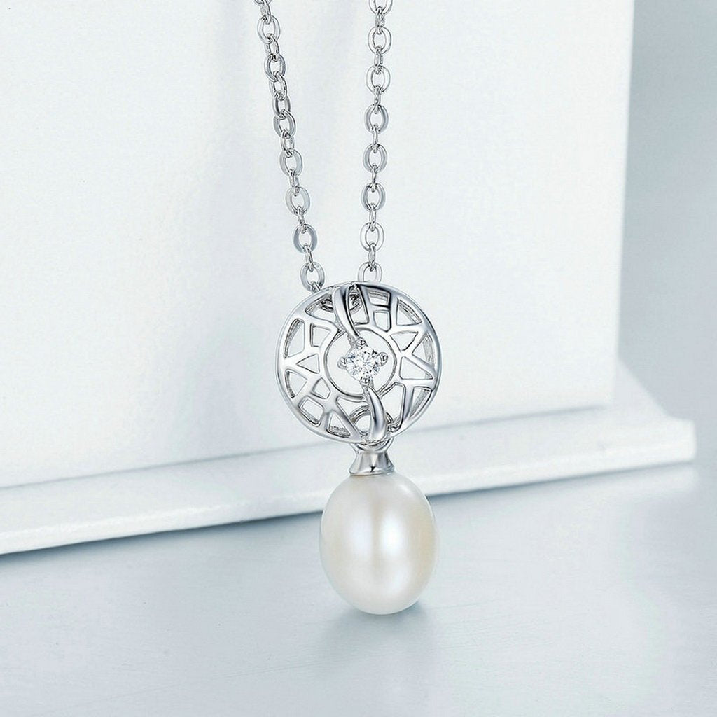 PAHALA 925 Sterling Silver Shimmering Openwork with Freshwater Pearl Pendant Necklace