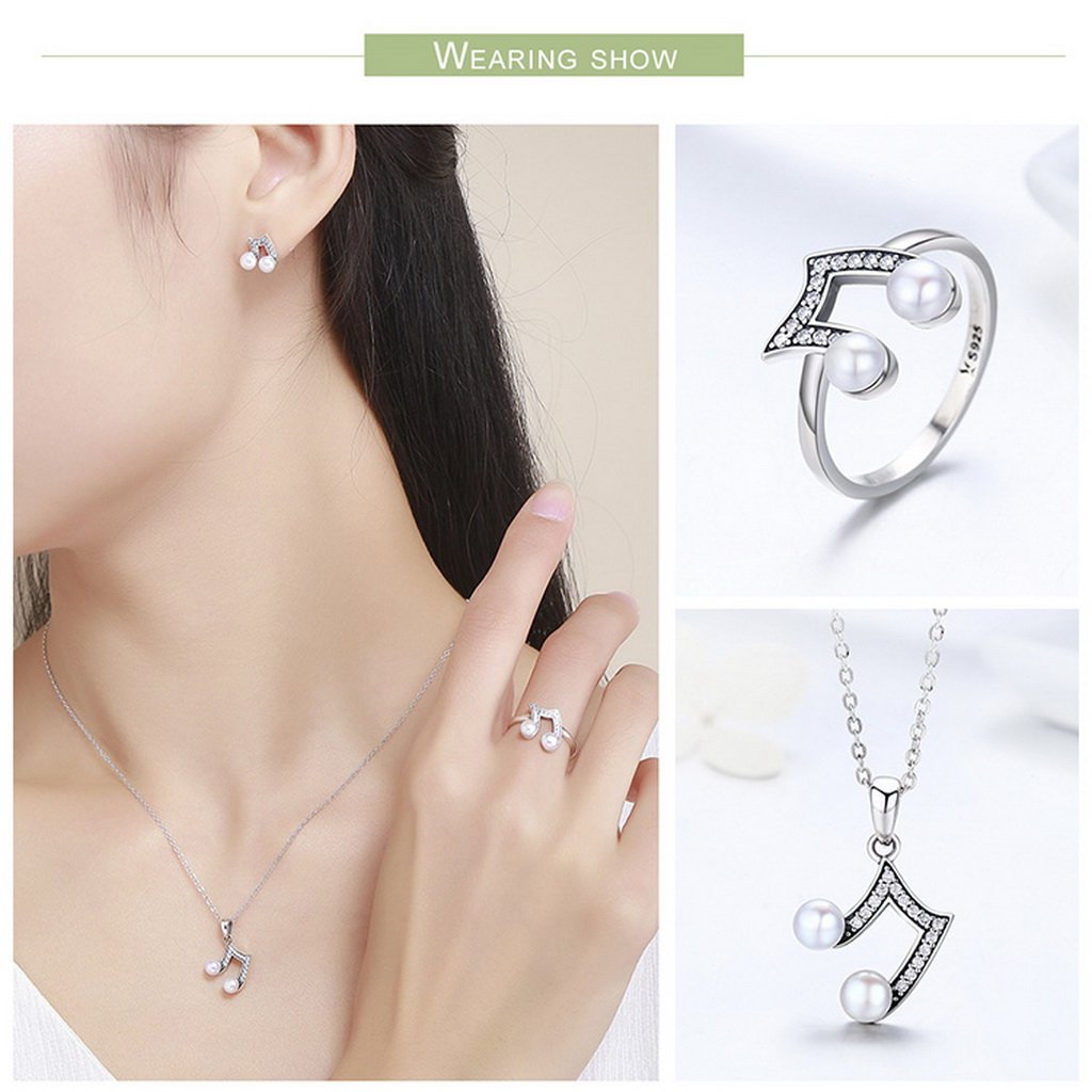PAHALA 925 Sterling Silver Music Melody Pendant Necklace Earrings Ring Jewelry Set