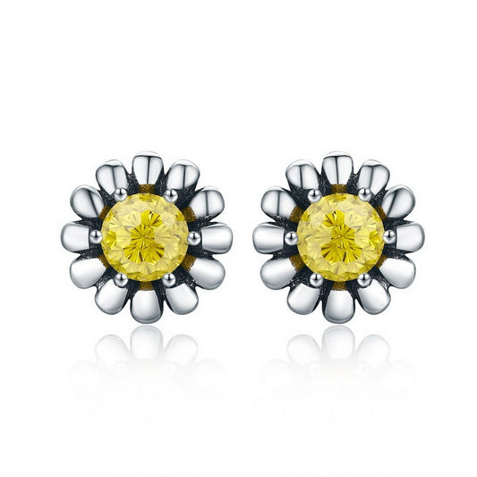 PAHALA 925 Sterling Silver Yellow Daisy Flower With Crystals Stud Earrings