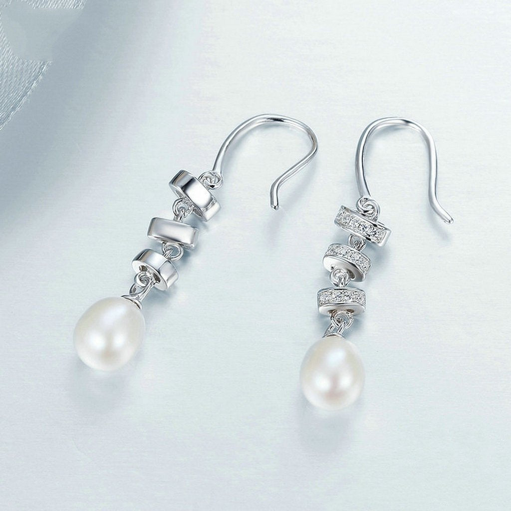 PAHALA 925 Sterling Silver Geometric With Crystals Freshwater Pearl Party Wedding Drop Earrings