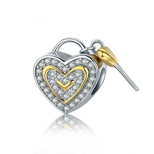 PAHALA 925 Sterling Silver Cute Love Lock Key with Crystals Charm Bead