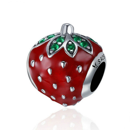 PAHALA 925 Sterling Silver Strawberry Red Enamel with Crystal Charm Bead