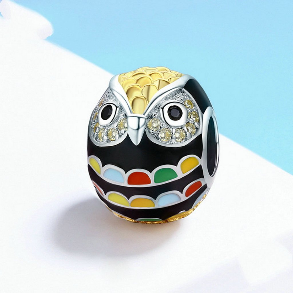 PAHALA 925 Sterling Silver Gold Owl with Colorful Enamel Crystals Pendant Charm Bead
