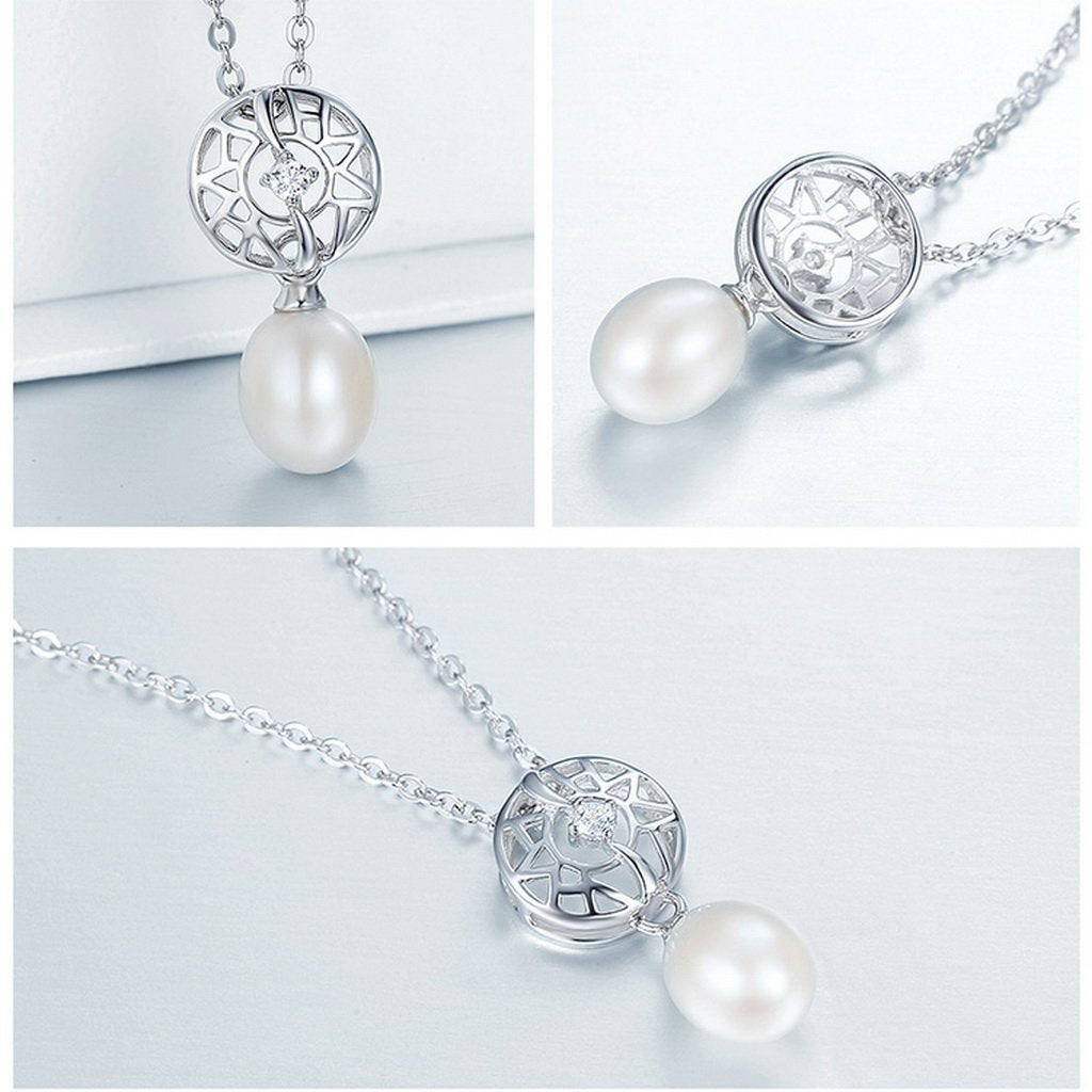 PAHALA 925 Sterling Silver Shimmering Openwork with Freshwater Pearl Pendant Necklace