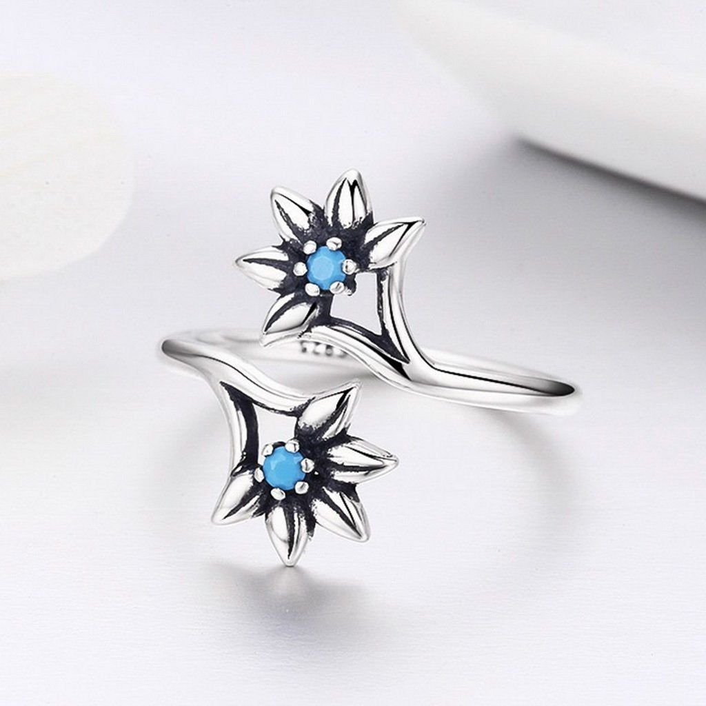 PAHALA 925 Strling Silver Daisy Flower Blue Weeding Party Band Ring
