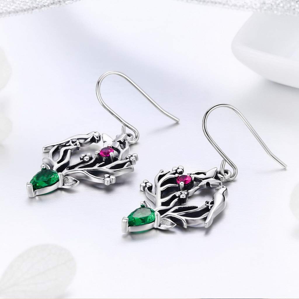 PAHALA 925 Sterling Silver Elk Legend Crystal Tree Leaves Earrings