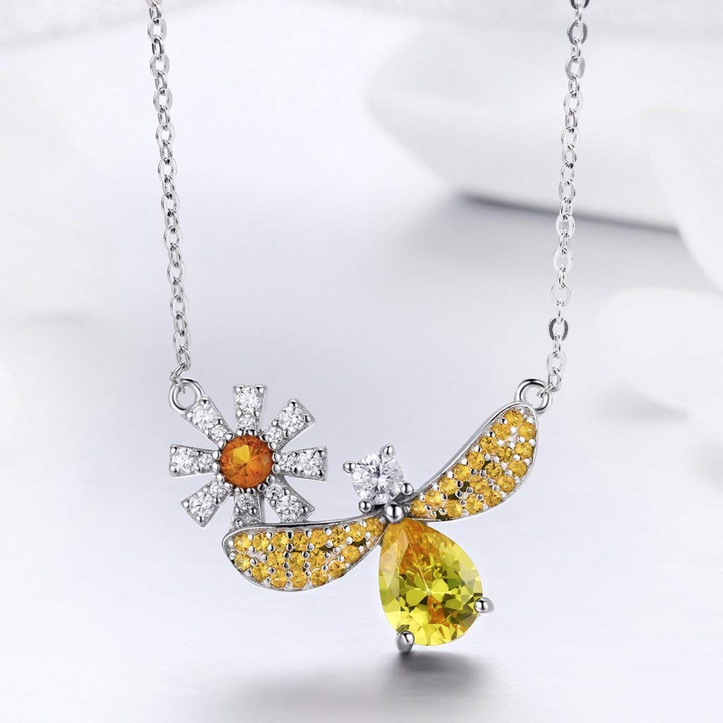 PAHALA 925 Sterling Silver Daisy Bee with Crystals Clear CZ Pendant Necklace