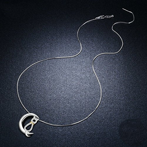 PAHALA 925 Sterling Silver Moon with Cute Cat Crystals Clear CZ Pendant Necklace