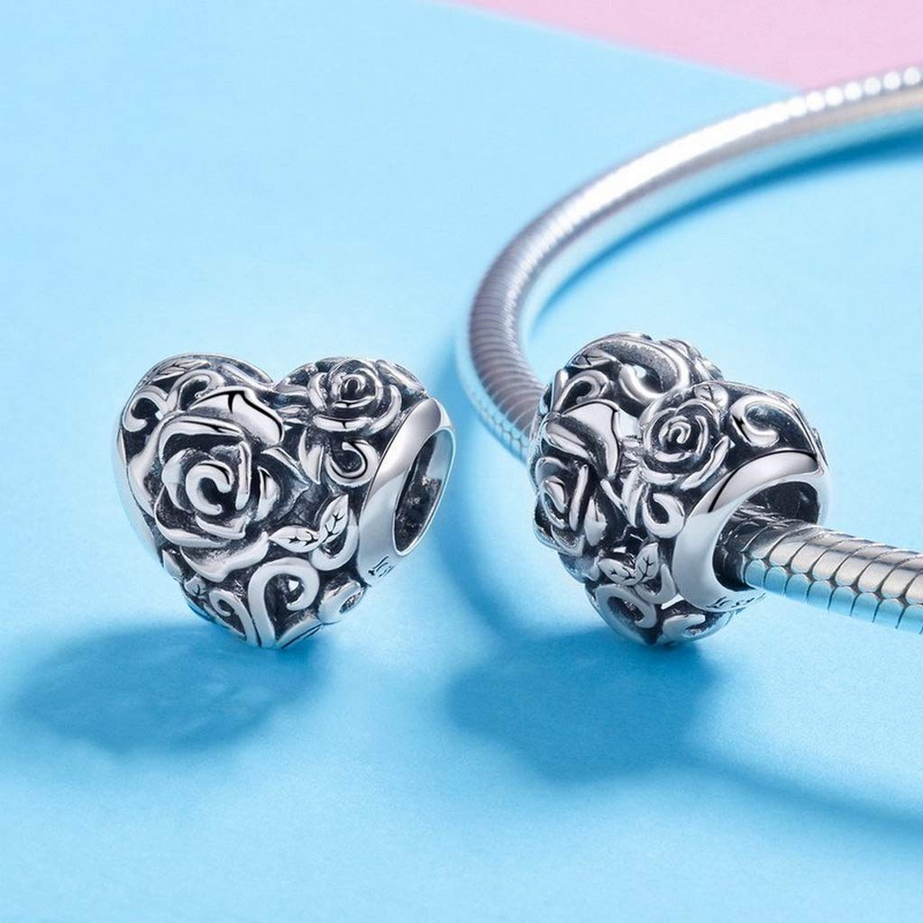 PAHALA 925 Strling Silver Rose Flower Engrave Heart Charms Charm