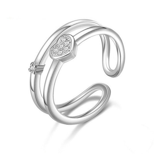 PAHALA 925 Sterling Silver Exquisite Heart with Crystals Double Layer Weeding Party Band Ring