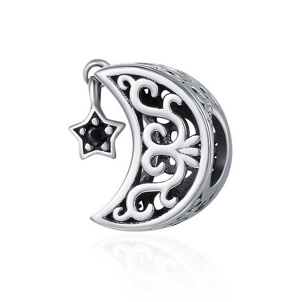 PAHALA 925 Sterling Silver Openwork Moon Star Goodnight Charm Bead