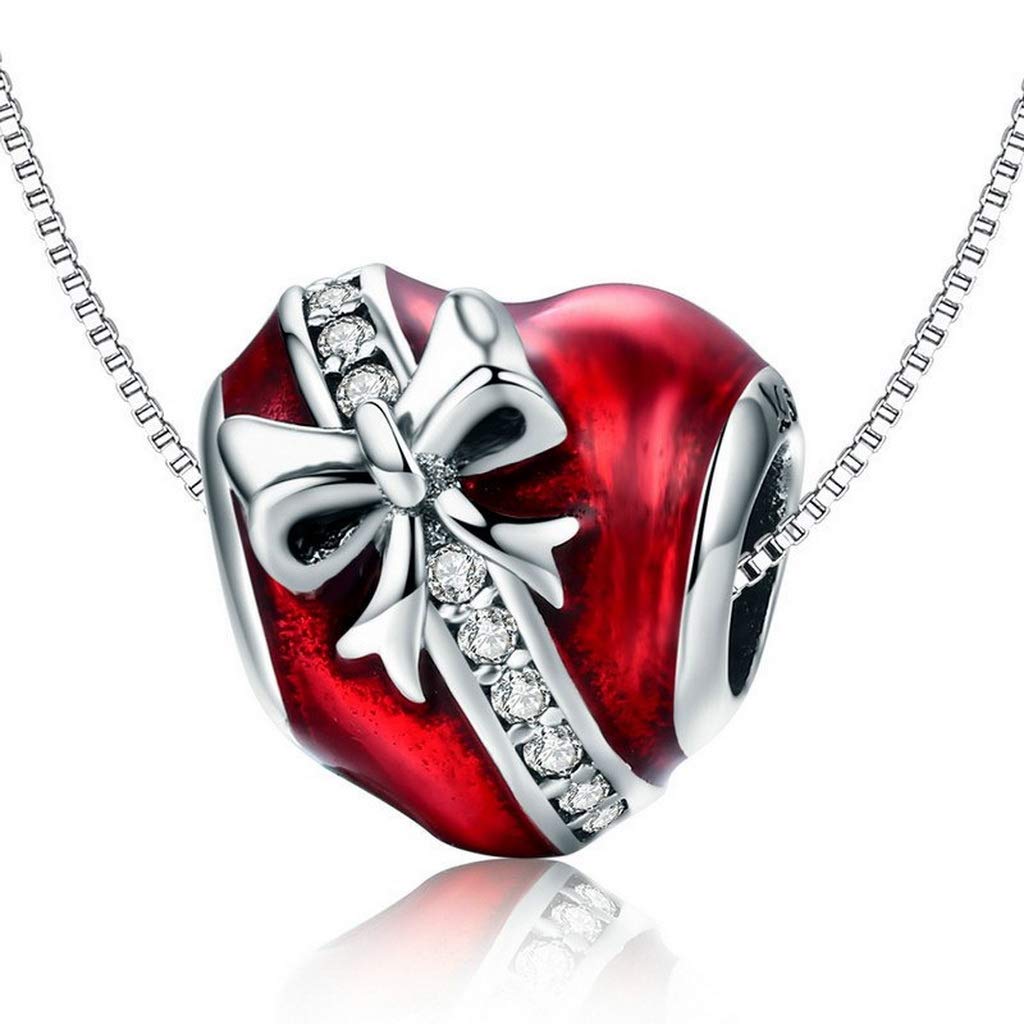 PAHALA 925 Strling Silver Bowknot Red Enamel Romantic Heart with Crystals Charms Beads