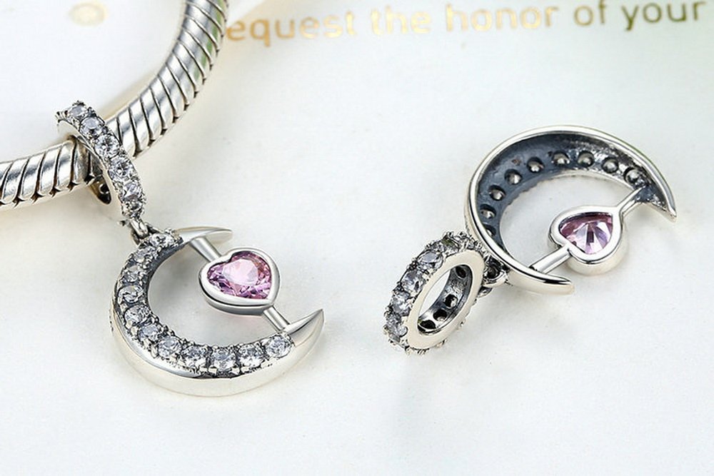 PAHALA 925 Strling Silver Moon with Pink Heart Crystal Charms Pendant Fit Bracelets Bangles Necklace