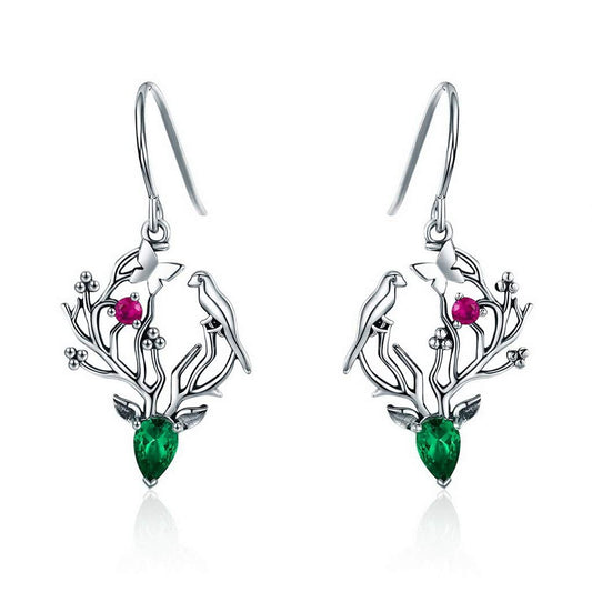PAHALA 925 Sterling Silver Elk Legend Crystal Tree Leaves Earrings