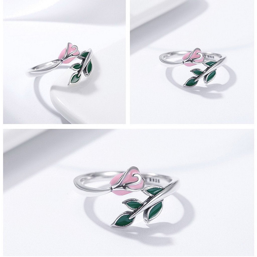 PAHALA 925 Strling Silver Rose Flower Enamel Pink Weeding Party Band Ring