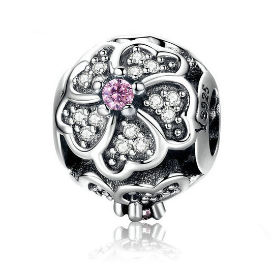 PAHALA 925 Sterling Silver Bouquet Flower of Love with Pink Crystals Charms Fit Bracelets Necklace