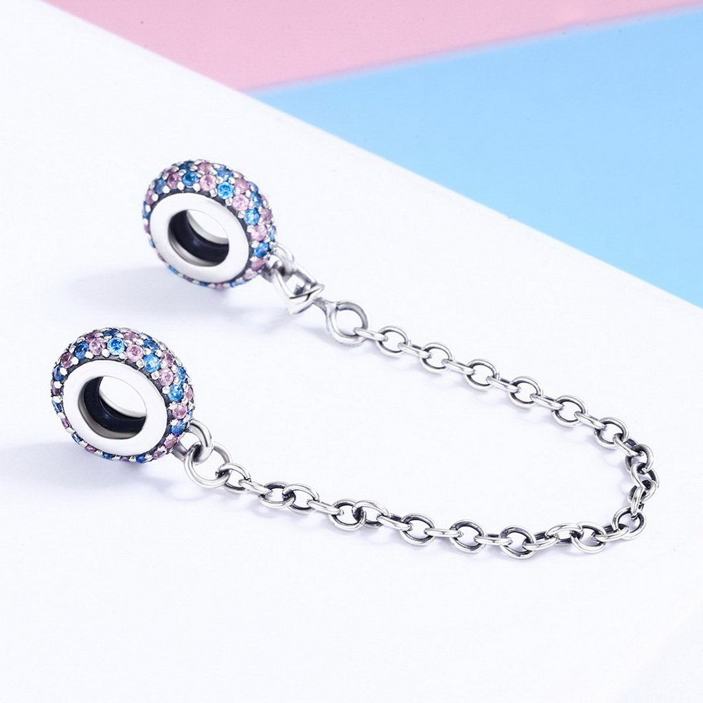 PAHALA 925 Sterling Silver Pink and Blue Round with Crystals Safety Chain Charm Bead