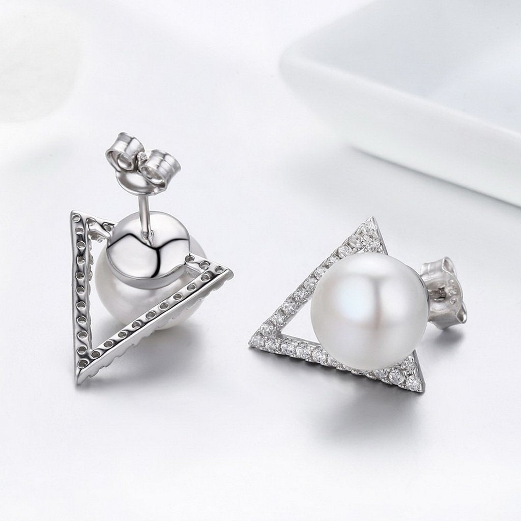 PAHALA 925 Sterling Silver Triangle Freshwater Pearl With Crystals Stud Earrings