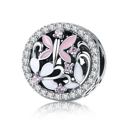 PAHALA 925 Strling Silver Pink Enamel Crystals Dragonfly Butterfly Charms Beads