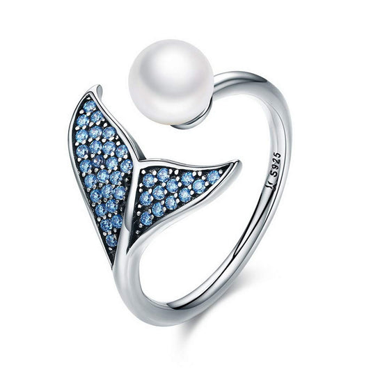 PAHALA 925 Strling Silver Adjustable Dolphin Tail Blue Finger Weeding Party Ring