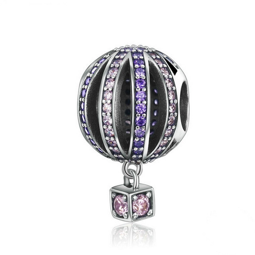 PAHALA 925 Sterling Silver Hot Air Purple Crystals Balloon Charm Bead Fit Bracelet