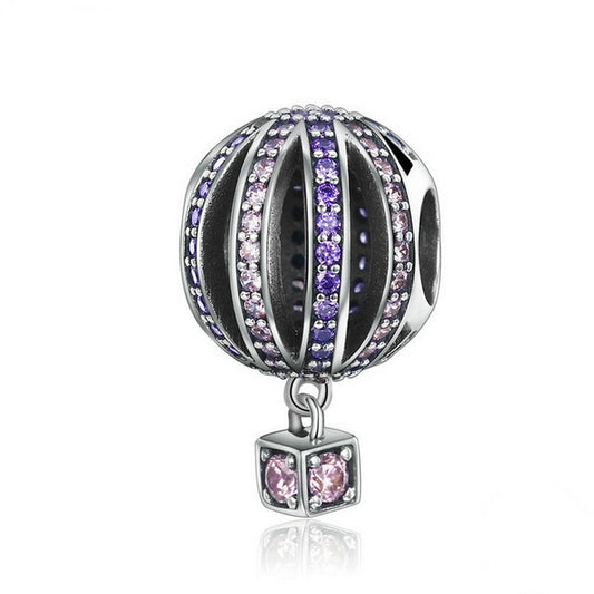 PAHALA 925 Sterling Silver Hot Air Purple Crystals Balloon Charm Bead Fit Bracelet