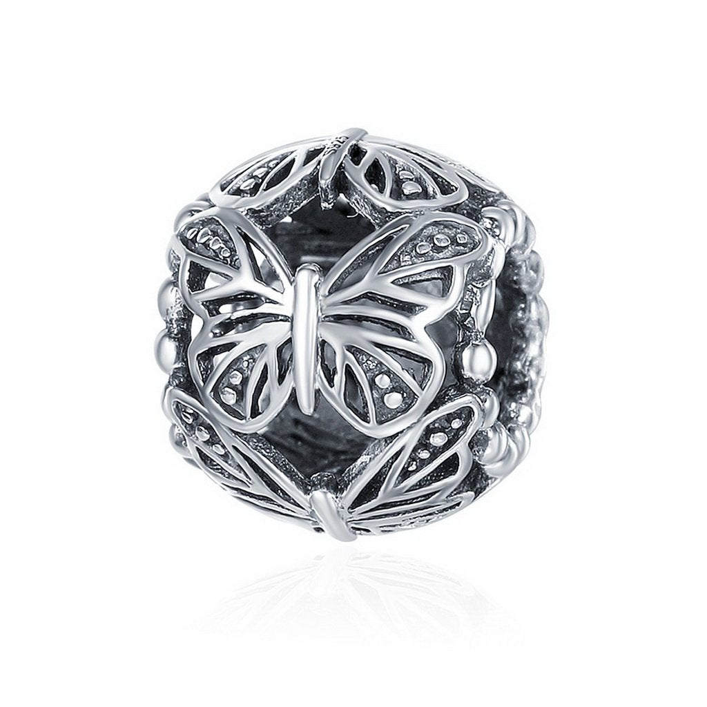 PAHALA 925 Sterling Silver Stackable Butterfly Round Charm Bead