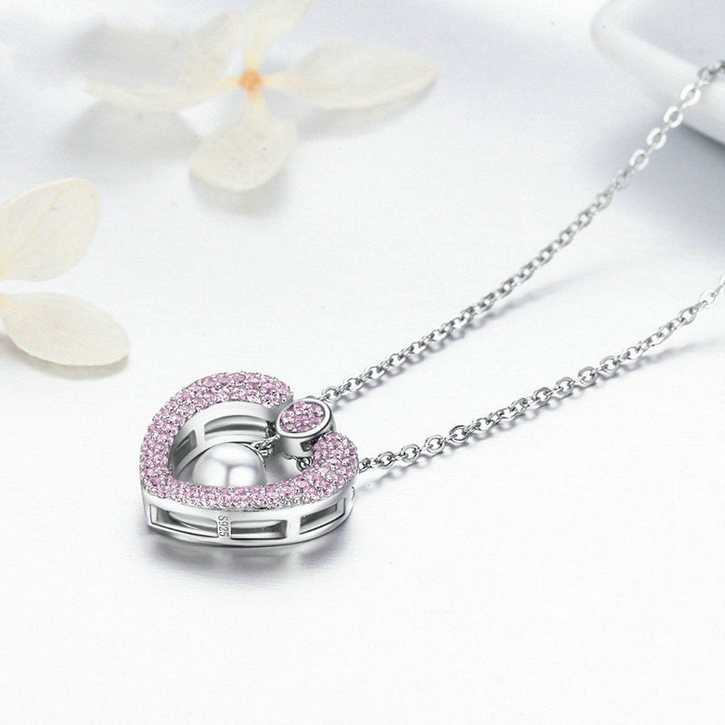 PAHALA 925 Sterling Silver Sparking Pink Crystals Clear CZ Pendant Necklace