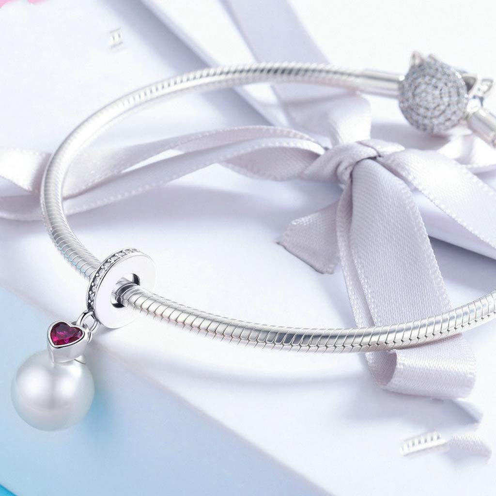 PAHALA 925 Strling Silver Pearl Heart Red Crystal Pendant Charm Bead