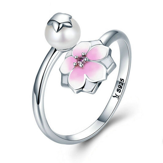 PAHALA 925 Sterling Silver Bloom with Pink Enamel Weeding Party Band Ring
