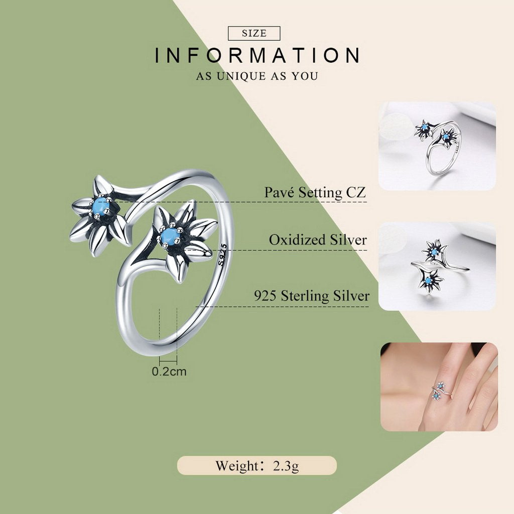 PAHALA 925 Strling Silver Daisy Flower Blue Weeding Party Band Ring