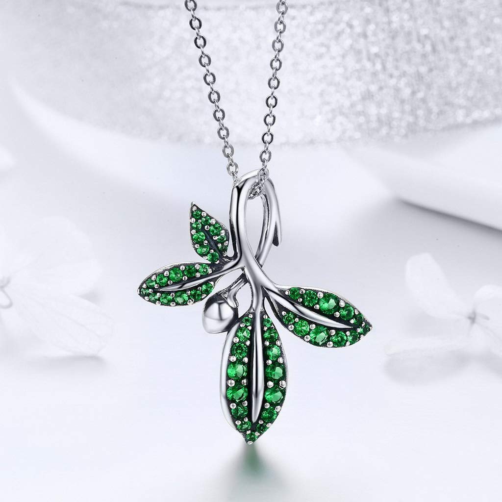 PAHALA 925 Sterling Silver Summer Tree Leaves Crystals Pendant Necklace