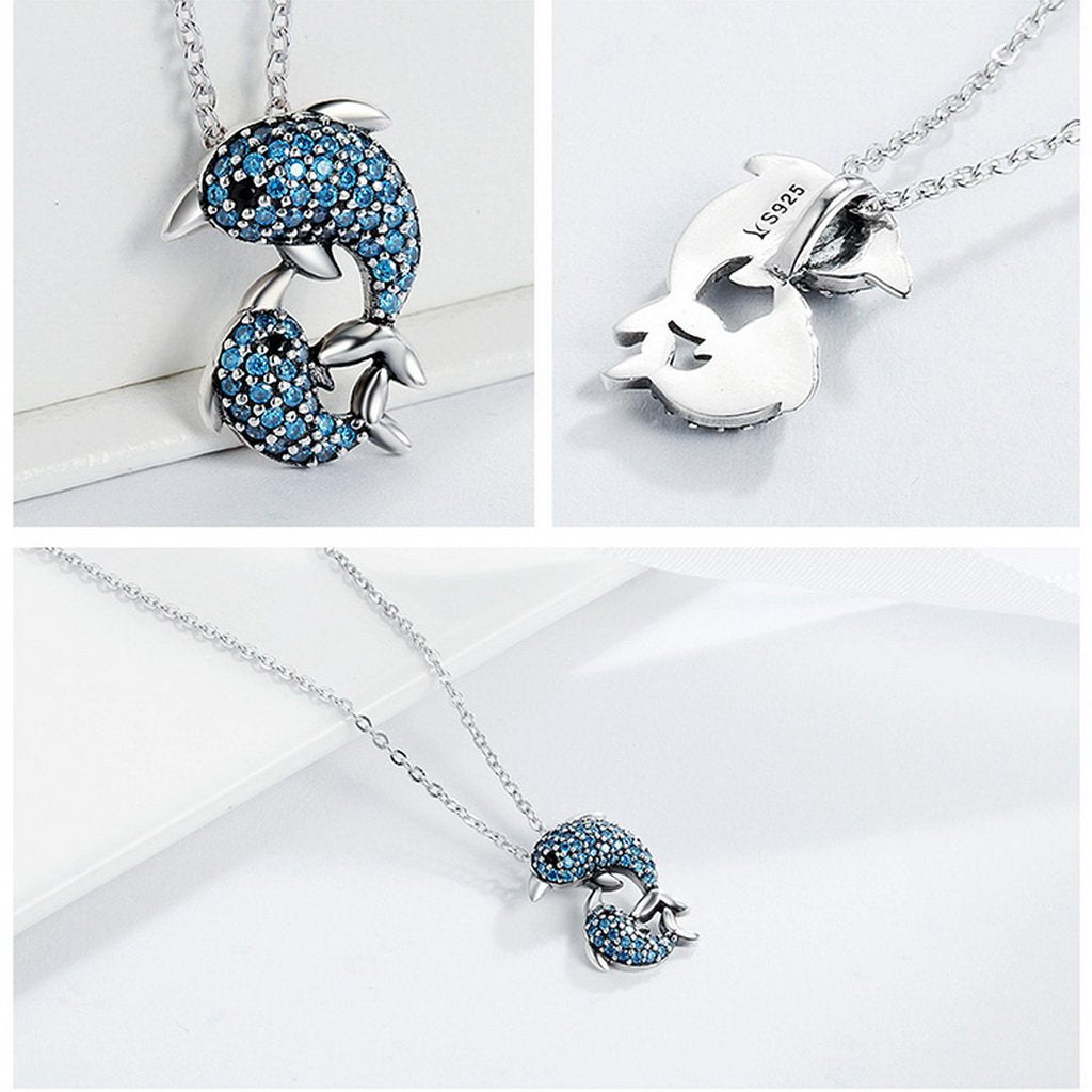 PAHALA 925 Sterling Silver Blue Crystals Dolphin Clear CZ Pendant Necklace