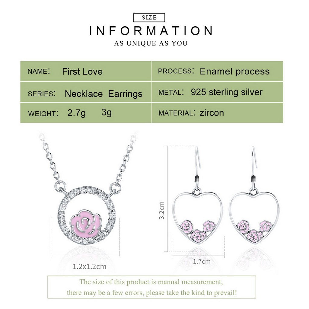 PAHALA 925 Sterling Silver Romantic Rose Heart with Crystals Pendant Necklace Earrings Jewelry Set