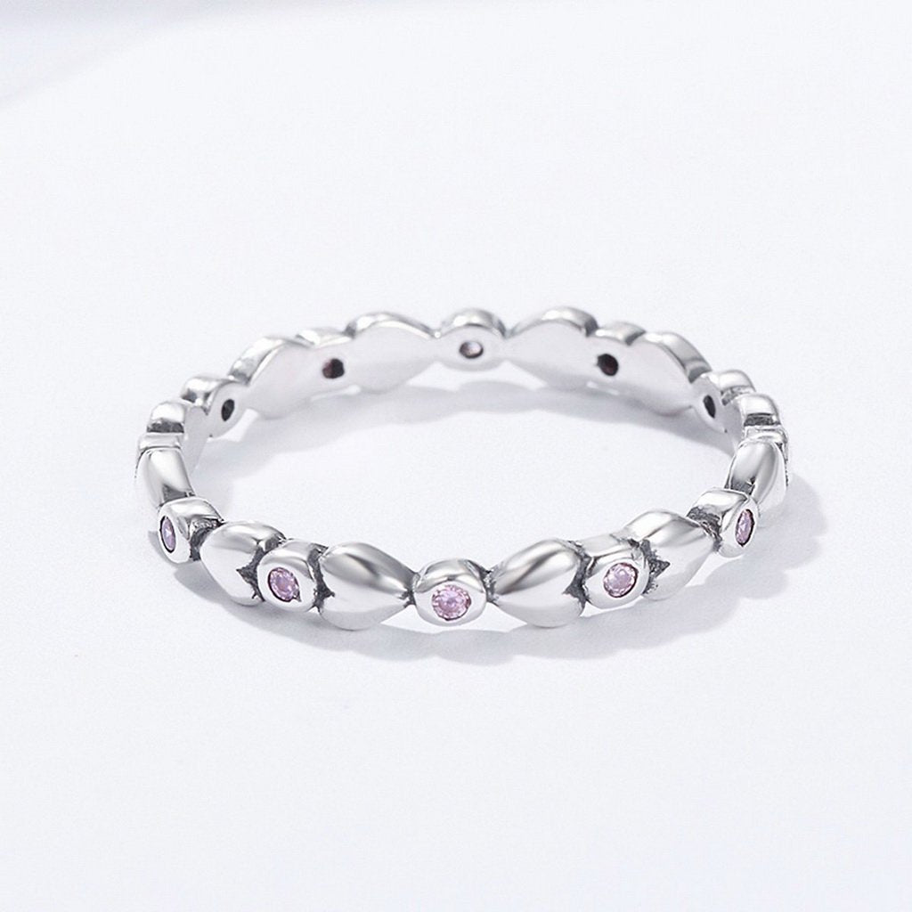 PAHALA 925 Sterling Silver Pink Heart with Crystals CZ Vintage Wedding Engagement Band Ring