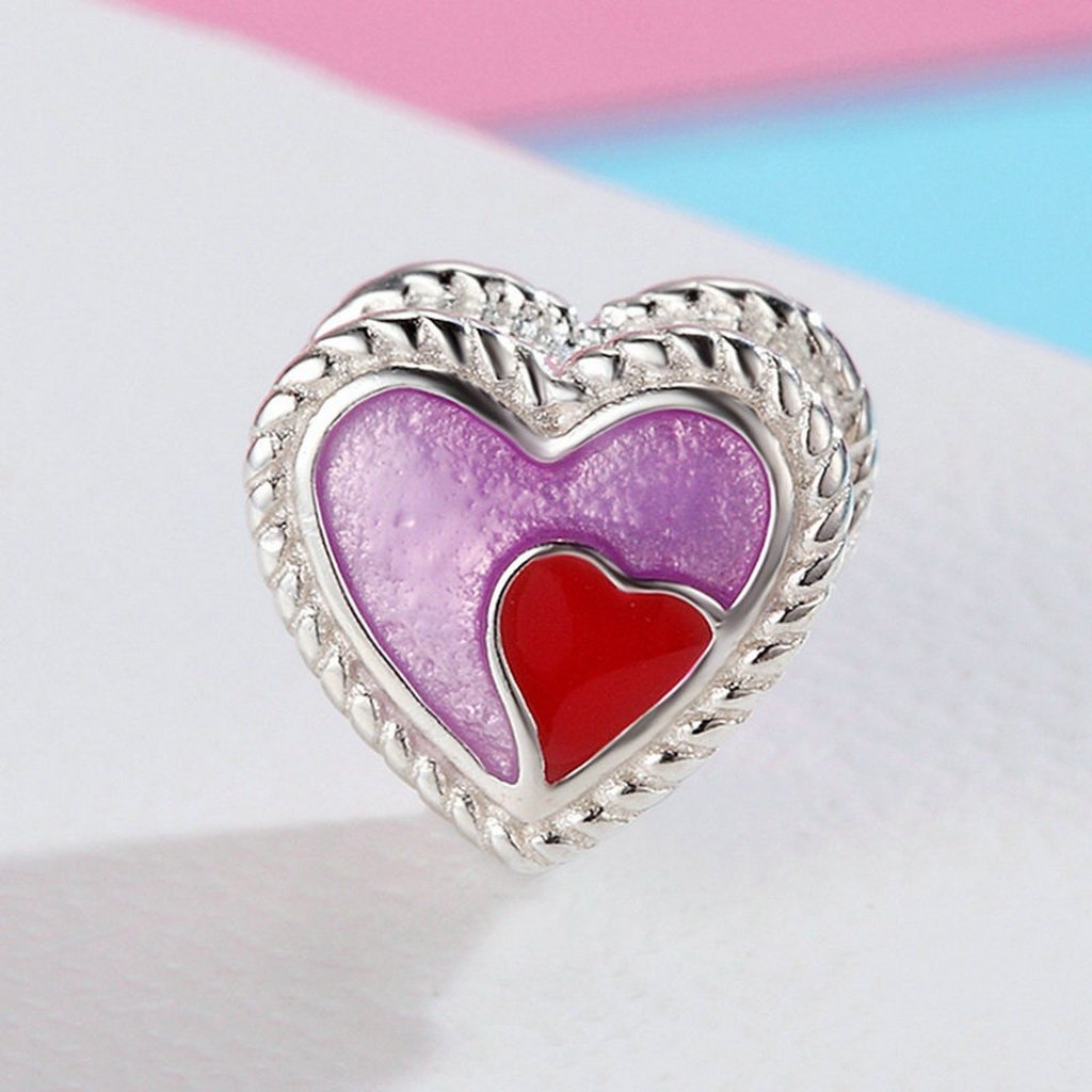 PAHALA 925 Sterling Silver Sweet Heart with Heart Red Purple Enamel Charm Bead