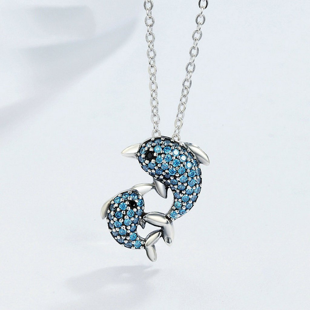 PAHALA 925 Sterling Silver Blue Crystals Dolphin Clear CZ Pendant Necklace