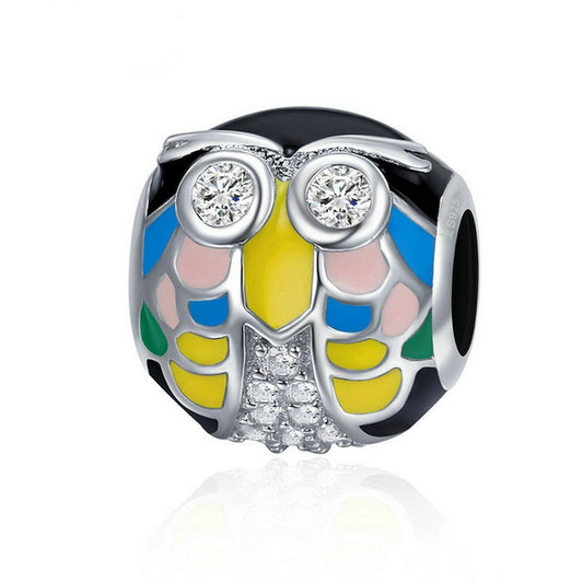 PAHALA 925 Sterling Silver Colorful Enamel Cute Owl with Crystals Charm Bead