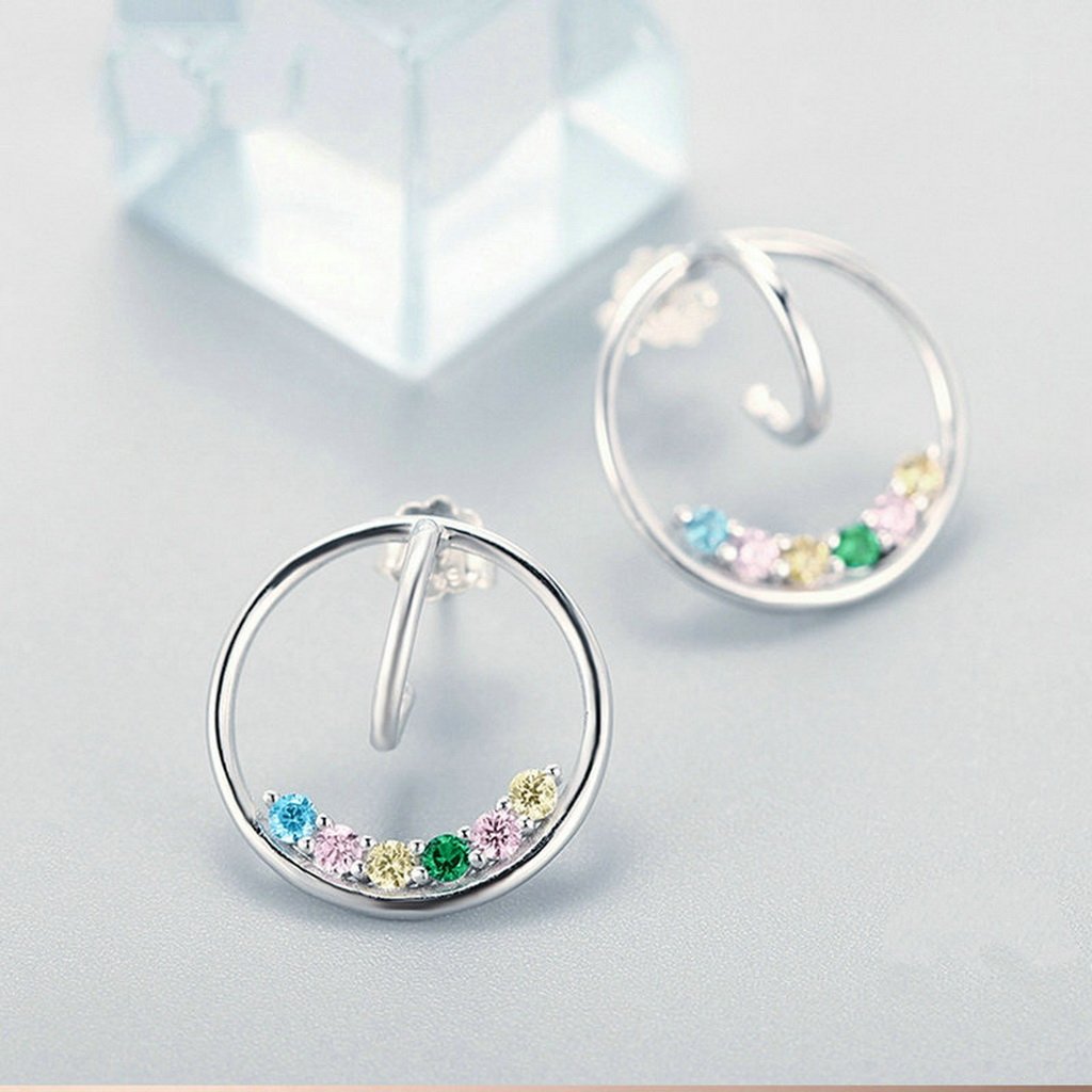 PAHALA 925 Sterling Silver Round With Colorful Crystals Party Wedding Stud Earring