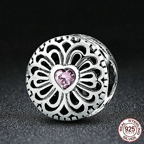 PAHALA 925 Strling Silver Pink Crystals Love Charms Pendant Fit Bracelets Necklace