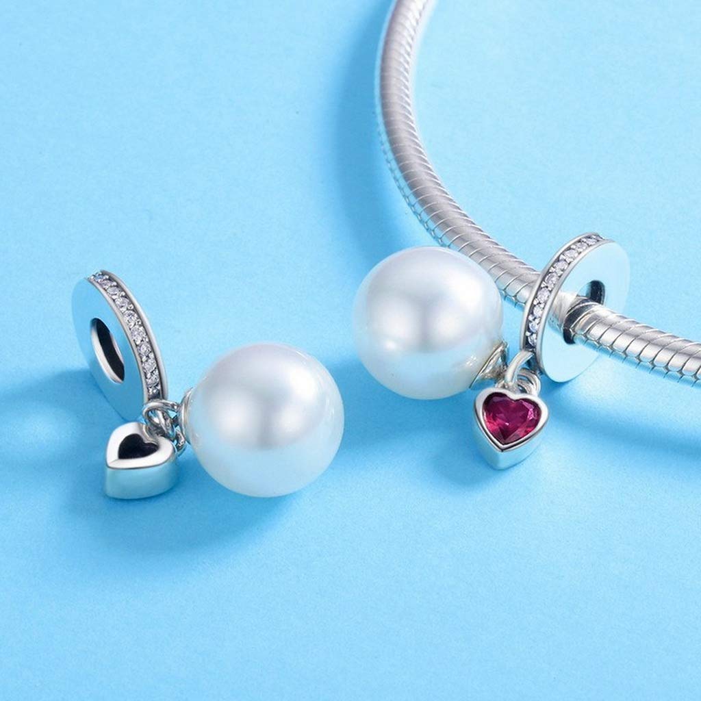 PAHALA 925 Strling Silver Pearl Heart Red Crystal Pendant Charm Bead