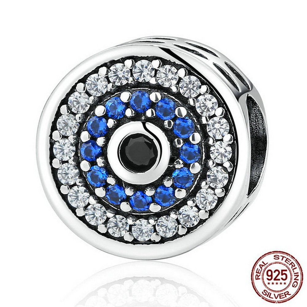 PAHALA 925 Strling Silver Blue Eye Round Crystals Charms Pendant Fit Bracelets Necklace