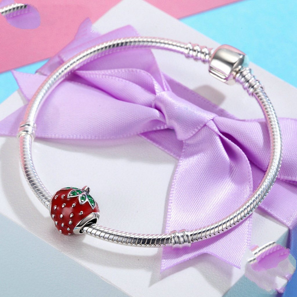 PAHALA 925 Sterling Silver Strawberry Red Enamel with Crystal Charm Bead