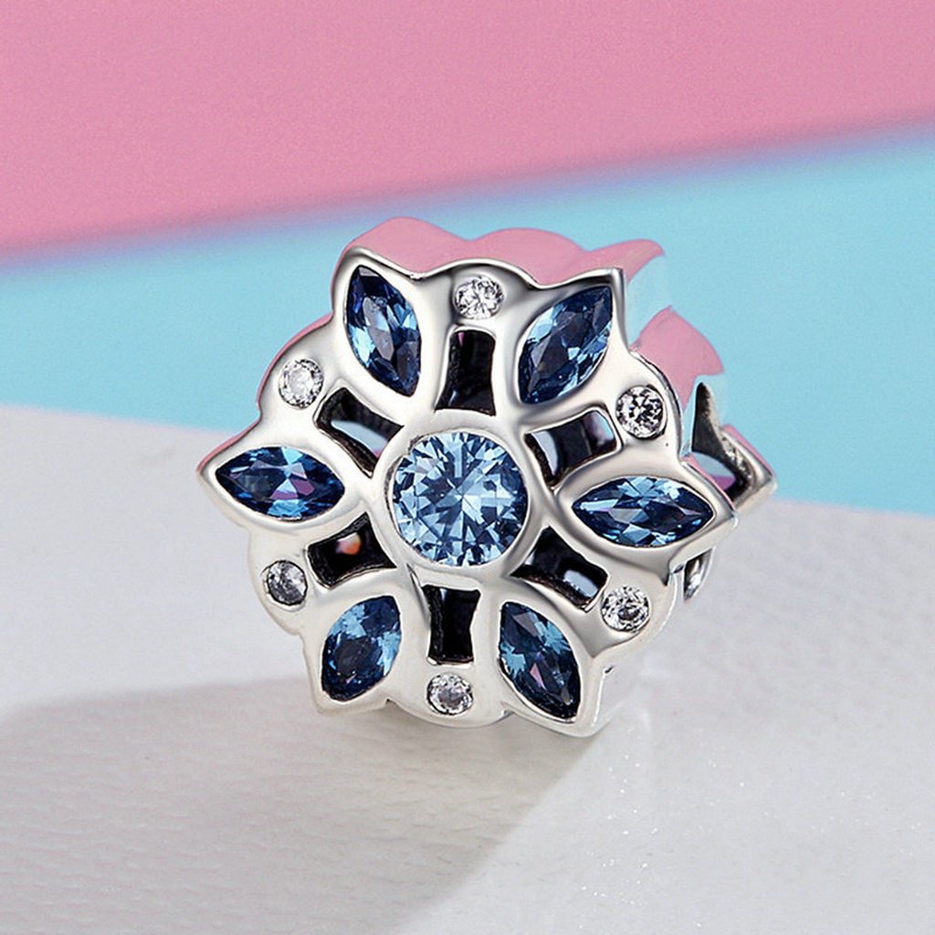 PAHALA 925 Sterling Silver Glittering Snowflake with Blue Crystals Charm Bead