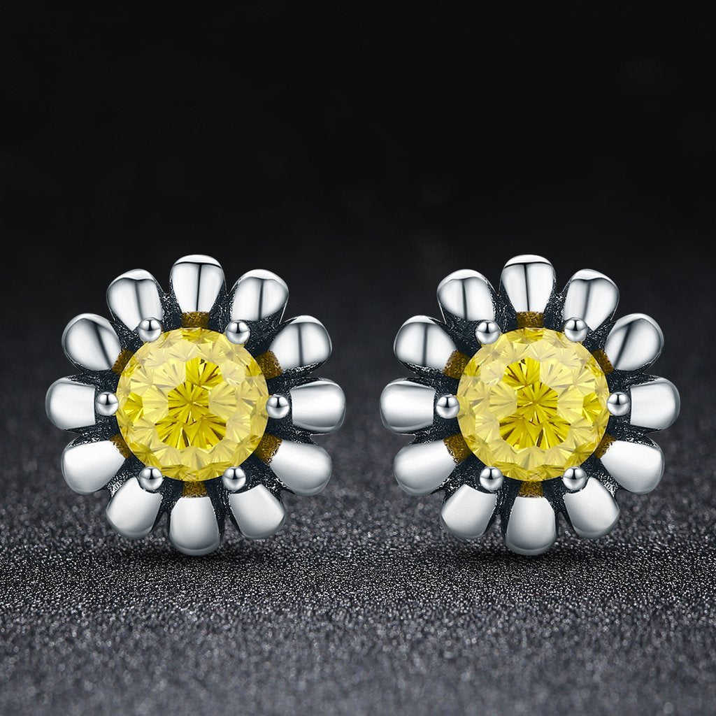 PAHALA 925 Sterling Silver Yellow Daisy Flower With Crystals Stud Earrings