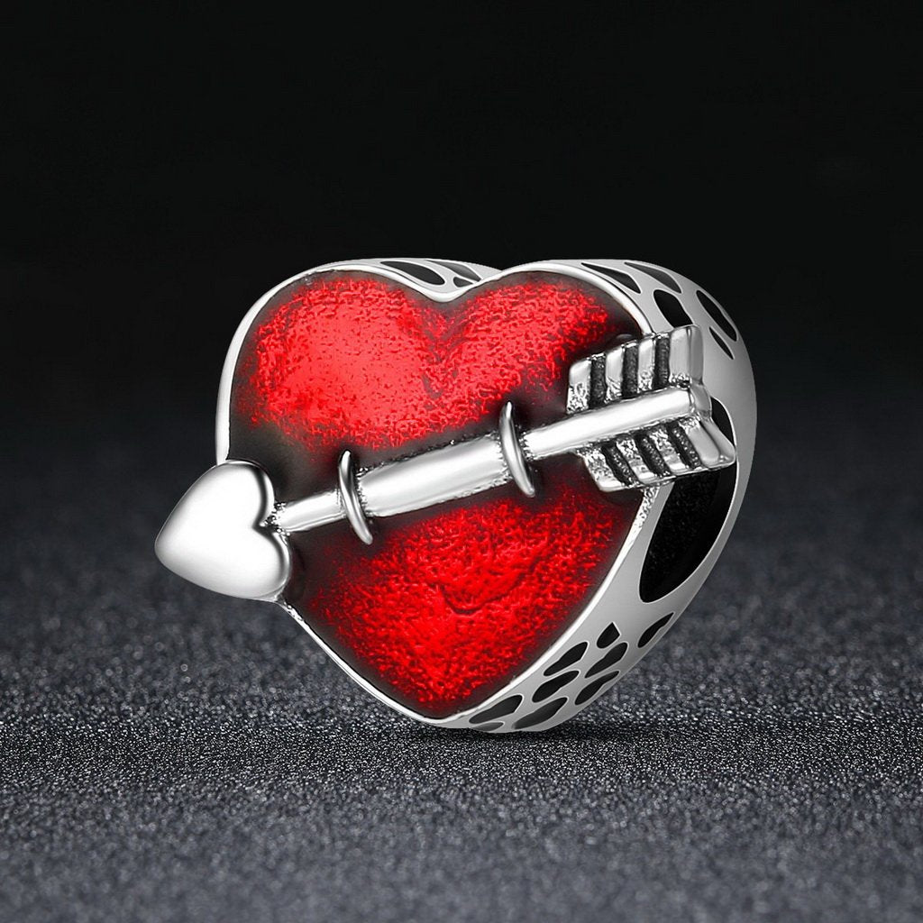 PAHALA 925 Sterling Silver Love Engrave Arrow Heart Red Enamel Charm Bead