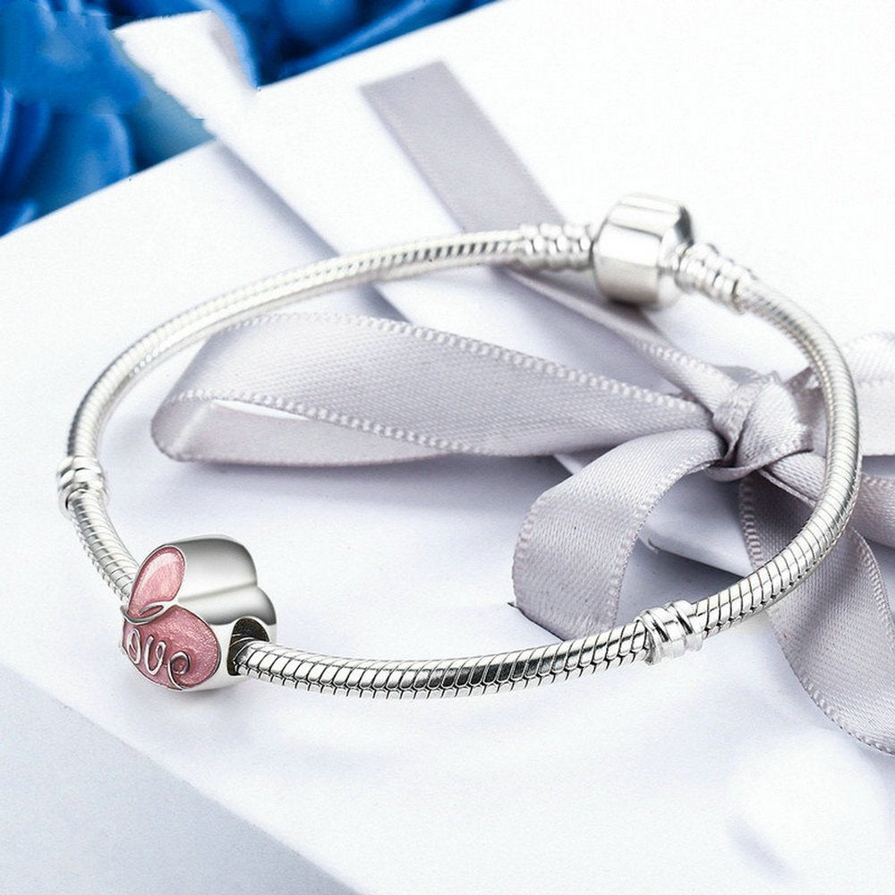 PAHALA 925 Strling Silver Fall in Love Pink Enamel Charms Fit Bracelets Necklace