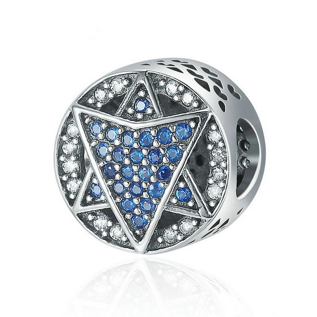PAHALA 925 Sterling Silver Sparking Hexagram with Blue Crystals Charm Bead